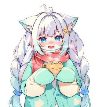 Rule 34 | 1girl, animal ear fluff, animal ears, blue eyes, blush, cardigan, commentary, cup, densetsu.exe, english commentary, fever, food, gradient hair, green cardigan, green hair, grey hair, highres, holding, holding cup, mint fantome, mint fantome (otaku), moorina, multicolored hair, open mouth, pointy ears, red scarf, scarf, sick, simple background, sleeves past fingers, sleeves past wrists, snot, solo, soup, twintails, virtual youtuber, white background