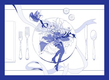 Rule 34 | 1girl, absurdres, arknights, bitter choco decoration (vocaloid), blue border, blue theme, boots, border, commentary, fork, gloves, hands up, hat, highres, knee boots, knife, long hair, long sleeves, looking at viewer, lying, on back, open mouth, pantyhose, parody, plate, red eyes, smile, solo, specter (arknights), specter the unchained (arknights), spoon, spot color, symbol-only commentary, unworn hat, unworn headwear, very long hair, wide sleeves, xity