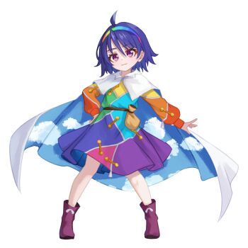 1girl ahoge boots cape chunjiu closed_mouth commentary dress full_body hair_between_eyes hairband hand_on_own_hip highres light_smile long_sleeves looking_at_viewer multicolored_dress multicolored_hairband patchwork_clothes pink_eyes pouch purple_boots purple_hair rainbow_gradient rainbow_hairband short_hair simple_background sky_print solo tenkyuu_chimata touhou white_background white_cape