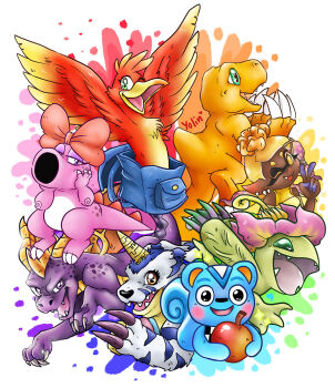 agumon animal_crossing banjo-kazooie birdo digimon digimon_(creature) filbert_(animal_crossing) flower frye_(splatoon) gabumon highres kazooie_(banjo-kazooie) mario_(series) monster_girl nintendo palmon petals plant_girl sharp_teeth splatoon_(series) splatoon_3 spyro_(series) spyro_the_dragon teeth