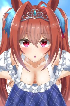 1girl animal_ears blush breasts brown_hair cloud daiwa_scarlet_(umamusume) downblouse extended_downblouse hands_on_own_hips hanging_breasts horse_ears horse_girl katsuragi_b_k large_breasts leaning_forward long_hair looking_at_viewer navel no_bra open_mouth outdoors red_eyes sky solo standing sweat textless_version umamusume view_between_breasts