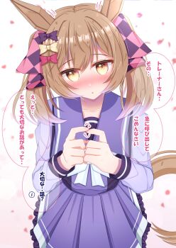 Rule 34 | 1girl, animal ears, argyle bow, blush, bow, bowtie, breasts, brown eyes, brown hair, collarbone, commentary request, hair between eyes, hair bow, highres, horse ears, horse girl, horse tail, long sleeves, looking at viewer, lpikamasi, medium hair, multiple hair bows, parted lips, pink bow, pleated skirt, purple bow, purple sailor collar, purple serafuku, purple shirt, purple skirt, sailor collar, sailor shirt, school uniform, serafuku, shirt, skirt, smart falcon (umamusume), solo, speech bubble, tail, tracen school uniform, translation request, twintails, umamusume, variant set, white bow, white bowtie, yellow bow