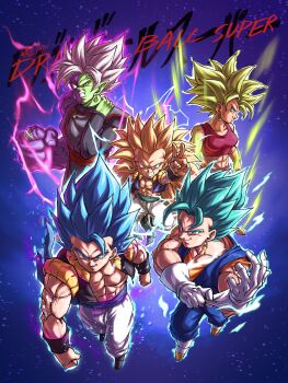 1girl 4boys abs absurdres adjusting_clothes adjusting_gloves aura bare_shoulders black_robe black_vest blonde_hair blue_eyes blue_hair blue_pants blue_sash blue_shirt boots bra clenched_hand clenched_teeth colored_skin cropped_vest derivative_work dougi dragon_ball dragon_ball_super dragon_ball_super_broly dragonball_z earrings electricity full_body fused_zamasu gloves gotenks green_eyes green_hair green_skin grey_hair group_picture highres jewelry kefla_(dragon_ball) long_hair medium_hair metamoran_vest mii_kayel multiple_boys muscular muscular_female muscular_male no_eyebrows no_shirt orange_shirt pants pointy_ears potara_earrings purple_bra purple_pants purple_skin robe sash shirt short_hair spiked_hair super_saiyan super_saiyan_3 super_saiyan_blue teeth trait_connection underwear v vest white_boots white_gloves white_pants