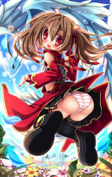 10s 1girl :d armor ass bad_id bad_pixiv_id black_thighhighs breastplate brown_hair clothes_lift field flower flower_field highres nagai_wataru nail_polish open_mouth panties pina_(sao) pink_panties red_eyes silica skirt skirt_lift smile striped_clothes striped_panties sword_art_online thighhighs underwear upskirt