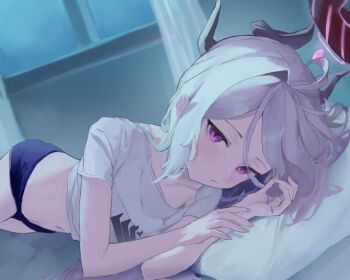 1girl ahoge alternate_costume bed_sheet bedroom black_shorts blue_archive blurry collarbone commentary_request curtains demon_girl demon_horns depth_of_field gehenna_academy_logo hair_between_eyes halo hina_(blue_archive) horns indoors long_hair looking_at_viewer lying mal0 night on_bed on_side pillow print_shirt purple_eyes shirt short_shorts short_sleeves shorts sidelocks sky solo t-shirt wavy_hair white_hair white_shirt window