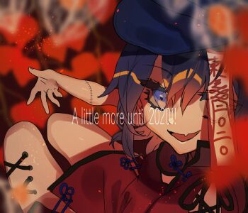 1girl 2020 black_hair blue_hat blurry china_dress chinese_clothes commentary_request depth_of_field dress english_text fang hair_between_eyes hat jiangshi looking_at_viewer miyako_yoshika ofuda one-hour_drawing_challenge open_mouth purple_eyes red_dress shinjitsu_no_kuchi short_hair skin_fang smile solo stitches touhou upper_body