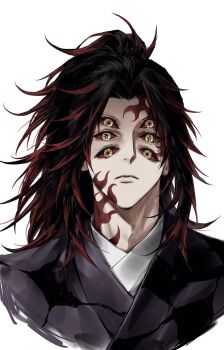 1boy black_hair closed_mouth colored_sclera cropped_torso extra_eyes facial_mark flipped_hair frown highres kimetsu_no_yaiba kokushibou looking_at_viewer male_focus messy_hair ponytail red_hair red_sclera simple_background solo sso_s white_background yellow_eyes
