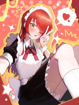 1girl absurdres alternate_hair_length alternate_hairstyle apron black_dress blush bocchi_the_rock! collared_shirt dress frilled_dress frills hair_over_one_eye highres kita_ikuyo kongaru_123 looking_at_viewer maid_apron maid_headdress medium_hair neck_ribbon official_alternate_costume red_hair red_ribbon ribbon shirt short_sleeves sitting solo v white_apron white_shirt wrist_cuffs yellow_eyes