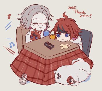 2025 2boys ahoge akuta_(sorahune) animalization aotsuki_eito black_streaks blue_eyes cat chair character_doll chibi chibi_only closed_eyes commentary_request controller cup dog doll eyewear_on_animal food fruit glasses grey_hair head_rest holding holding_cup hood hoodie kotatsu male_focus mug multicolored_hair multiple_boys musical_note on_chair orange_(fruit) person_and_animalization red_hair remote_control semi-rimless_eyewear short_hair streaked_hair sumino_takumi sunglasses sweater table the_hundred_line_-last_defense_academy- triangle_mouth two-tone_hair white_hoodie white_sweater