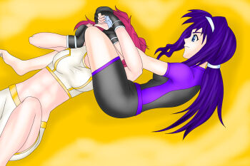 breasts defeat defeated_villainess fingerless_gloves gloves gundam gundam_00 helpless highres large_breasts lyrical_nanoha mma_gloves nena_trinity pale_skin purple_hair red_hair ryona submission_hold wrestling