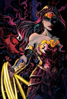 1girl abstract_background artist_name bare_shoulders black_hair bracer circlet dark_background dc_comics diana_prince gold_bracer highres holding holding_lasso lasso lasso_of_truth long_hair muscular muscular_female signature solo star_(symbol) superhero_costume tiara vinartwork weapon western_comics_(style) wonder_woman wonder_woman_(series)
