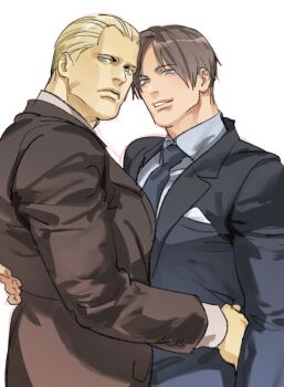 2boys bara black_jacket blonde_hair brown_hair brown_jacket closed_mouth collared_shirt jack_krauser jacket leon_s._kennedy male_focus multiple_boys muscular muscular_male necktie resident_evil resident_evil_4 resident_evil_4_(remake) shirt short_hair simple_background smile tatsumi_(psmhbpiuczn) white_background white_shirt yaoi