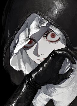 1girl absurdres black_gloves black_hood close-up commentary_request elden_ring elden_ring_nightreign eyelashes gloves highres looking_at_viewer pale_skin red_eyes solo sunset_1830 undertaker_(elden_ring) veil wide-eyed