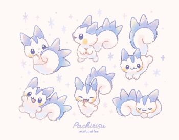 artist_name blue_eyes character_name closed_eyes closed_mouth commentary_request gen_4_pokemon highres looking_up lying mofucoffee nintendo no_humans open_mouth pachirisu pokemon pokemon_(creature) pokemon_focus sleeping smile squirrel standing star_(symbol) white_background