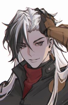 1boy arm_up bh495 black_hair black_jacket boothill_(honkai:_star_rail) collared_jacket cyborg earrings grey_eyes hand_in_own_hair hashtag-only_commentary highres honkai:_star_rail honkai_(series) jacket jewelry long_hair male_focus mole mole_under_eye multicolored_hair parted_hair parted_lips piercing popped_collar portrait red_shirt shell_casing shirt smile solo turtleneck white_hair