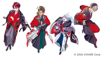 4boys :d ahoge alternate_costume animal_print bird_print black_boots black_cape black_gloves black_hair black_jacket black_kimono black_nails black_pants blonde_hair blue_hair blue_hakama boots brown_hair cape capelet closed_mouth coat copyright_notice crane_print crimzon_ruze crossed_ankles crossed_arms curtained_hair dark-skinned_male dark_skin earrings elbow_on_arm eyebrow_cut feather_hair_ornament feathers full_body fur-trimmed_cape fur_trim gloves goldbullet green_hakama grey_hair grey_hakama grin hair_between_eyes hair_ornament hair_stick hakama hakama_pants half-closed_eyes hand_on_own_chin hand_on_own_hip hand_up hands_on_own_hips holoarmis holostars holostars_english jacket jacket_on_shoulders japanese_clothes jewelry jurard_t_rexford kimono lace-up_boots lapels lineup long_hair long_sleeves looking_at_viewer looking_to_the_side looking_up male_focus multicolored_hair multiple_boys octavio official_art open_mouth pants partially_fingerless_gloves pink_eyes pleated_sleeves pointy_ears ponytail print_cape puppet puppet_strings purple_eyes purple_hair red_capelet red_coat red_eyes red_hair red_hakama red_kimono red_sleeves sayagata sharp_teeth short_hair side_part sideways_glance simple_background smile standing standing_on_one_leg streaked_hair string_around_finger sukajan sweater_guard teeth tri_braids two-tone_hair two-tone_hakama uneven_eyes v-shaped_eyebrows virtual_youtuber white_background white_pants wide_sleeves yellow_eyes yukikana