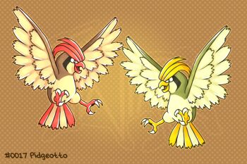 alternate_color beak bird brown_background character_name gen_1_pokemon nintendo no_humans numbered open_mouth pidgeotto pokemon pokemon_(creature) polka_dot polka_dot_background shiny_and_normal shiny_pokemon twilidramonart