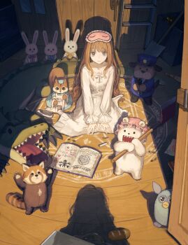 1girl @_@ absurdres applying_bandages axe bandaged_leg bandages black_cat black_eyes book bread brown_hair cat chalk collarbone commentary drawer drawing dress english_commentary food frilled_sleeves frills from_above full_body furby grimoire highres holding holding_axe indoors kotobuki_nashiko ladder living_plush long_hair long_sleeves magic_circle mask mask_on_head off-shoulder_dress off_shoulder open_book open_door rope shade shadow shoes shovel single_shoe sitting sleep_mask smile solo stuffed_animal stuffed_crocodile stuffed_dog stuffed_panda stuffed_rabbit stuffed_squirrel stuffed_toy summoning teddy_bear v_arms wariza wavy_hair white_dress white_shoes wooden_floor wooden_wall