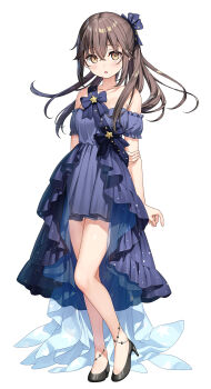 1girl arm_behind_back black_bow black_bowtie black_shoes blush bow bowtie brown_eyes brown_hair collarbone commentary_request dress frilled_dress frills full_body hair_between_eyes hair_ornament high_heels highres kantoku layered_dress looking_at_viewer off-shoulder_dress off_shoulder open_mouth otonari-san_(sasaki_to_p-chan) ponytail purple_dress sasaki_to_p-chan shoes simple_background solo standing star_ornament white_background