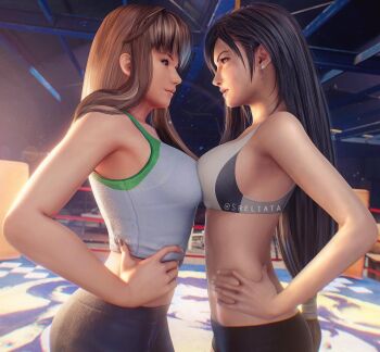 2girls breast_press breasts highres hitomi_(doa) large_breasts multiple_girls sreliata symmetrical_docking tifa_lockhart