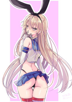 1girl absurdres animal_ear_hairband animal_ears ass back black_hairband black_panties blonde_hair blue_sailor_collar blue_skirt border commentary_request cowboy_shot crop_top cropped_shirt elbow_gloves fake_animal_ears from_behind gloves grey_eyes hairband highleg highleg_panties highres hizaka kantai_collection long_hair looking_at_viewer looking_back microskirt one-hour_drawing_challenge outline outside_border panties pink_background pleated_skirt rabbit_ears red_thighhighs sailor_collar shimakaze_(kancolle) shirt skirt sleeveless sleeveless_shirt solo standing striped_clothes striped_thighhighs thigh_gap thighhighs turning_head underwear very_long_hair white_border white_gloves white_outline white_shirt