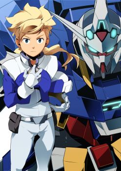 Rule 34 | 1boy, aqua eyes, asemu asuno, blonde hair, closed mouth, commentary request, fanny pack, gloves, gundam, gundam age, gundam age-2, helmet, highres, holding, holding unworn helmet, long hair, low ponytail, mecha, mecha pilot suit, mobile suit, normal suit (gundam), nyuusankin, official art, ponytail, robot, science fiction, unworn headwear, unworn helmet, v-fin, white gloves