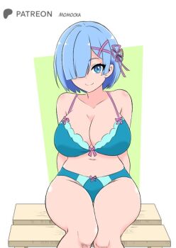 1girl arm_support bench blue_bra blue_eyes blue_hair blue_panties bow bow_bra bow_panties bra breasts cleavage collarbone hair_ornament hair_over_one_eye hair_ribbon lace lace-trimmed_bra lace_trim large_breasts looking_at_viewer momocka-art navel panties purple_bow purple_ribbon re:zero_kara_hajimeru_isekai_seikatsu rem_(re:zero) ribbon short_hair sitting smile underwear white_background x_hair_ornament