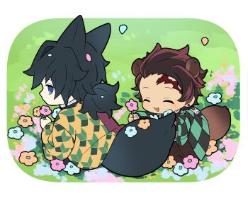 2boys animal_ears black_hair black_jacket blue_eyes brown_hair chibi chibi_only closed_eyes commentary demon_slayer_uniform flower haori high_collar holding holding_flower jacket japanese_clothes kamado_tanjirou kikkoumon kimetsu_no_yaiba long_hair low_ponytail male_focus multiple_boys ponytail print_haori red_haori short_hair spiked_hair symbol-only_commentary tail tomioka_giyuu yanzhan