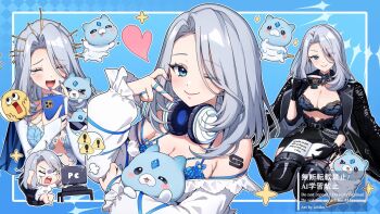 1girl alternate_costume black_boots black_gloves black_jacket black_skirt blue_background blue_bra blue_eyes blue_nails blue_ribbon blush boots bra breasts cup emoji frilled_sleeves frills gamer_supps gloves grey_hair headphones headphones_around_neck heart holding holding_cup holding_phone ichiko_1234 indie_virtual_youtuber jacket large_breasts laughing looking_at_viewer monarch_(1st_costume)_(amalee) monarch_(amalee) monarch_(mafia)_(amalee) monitor off_shoulder official_alternate_costume official_art one_eye_closed phone ribbon scuffling_(amalee) shirt shrug_(clothing) sitting skirt underwear virtual_youtuber white_shirt white_shrug yokozuwari