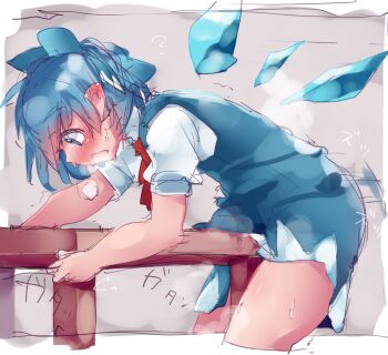 1girl blue_bow blue_dress blue_eyes blue_hair blush bow cirno crotch_rub dress female_masturbation hair_bow heavy_breathing ice ice_wings loli masturbation open_mouth puffy_short_sleeves puffy_sleeves shirt short_hair short_sleeves sketch solo sweat table table_humping touhou urano_koedame wings