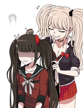3girls absurdres anger_vein bear_hair_ornament black_shirt blonde_hair blunt_bangs bow breasts brown_hair brushing_hair choker cleavage collarbone commentary_request danganronpa:_trigger_happy_havoc danganronpa_(series) danganronpa_v3:_killing_harmony enoshima_junko hair_ornament harukawa_maki highres ikusaba_mukuro kmnm_1403 large_breasts long_hair long_sleeves mole mole_under_eye multiple_girls nail_polish necktie rabbit_hair_ornament red_bow red_eyes red_nails red_shirt sailor_collar school_uniform shirt short_hair siblings smile teeth twintails