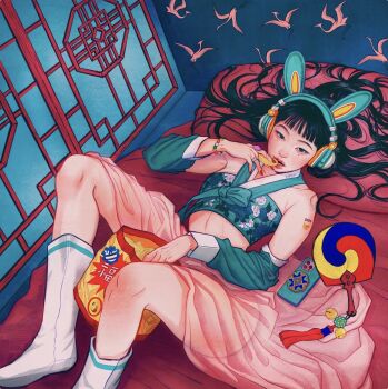 1girl aegyo_sal animal_ear_headphones animal_ears animal_print aqua_eyeliner arm_tattoo artist_name bead_bracelet beads bed beoseon bird_print black_hair blunt_bangs bracelet cellphone chima_(clothes) chips_(food) detached_sleeves eating eyeliner facial_mark fake_animal_ears floral_print food green_eyes hair_spread_out hanbok hand_fan headphones highres holding holding_food indoors jeogori_(clothes) jewelry korean_clothes lips long_hair lying makeup midriff nail_polish nose on_back on_bed original phone pillow potato_chips rabbit_ear_headphones rabbit_ears realistic red_nails ring see-through_clothes see-through_skirt skirt smartphone smartphone_case solo tassel tattoo wallpaper_(object) window zipcy