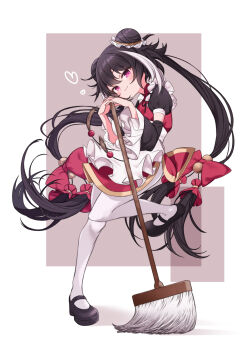 1girl an_apple_akaao black_hair black_shoes black_sleeves commentary_request detached_sleeves double_bun frilled_sleeves frills full_body hair_bun highres holding holding_mop jia_xichun_(project_moon) juliet_sleeves limbus_company long_hair long_sleeves looking_at_viewer mop multicolored_hair pantyhose pink_eyes project_moon puffy_sleeves shoes smile solo standing standing_on_one_leg streaked_hair twintails very_long_hair white_pantyhose white_streaks wide_sleeves