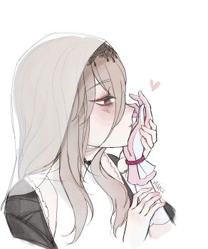 2girls aponia artist_name blonde_hair commentary elysia_(hi_love_elf)_(honkai_impact) elysia_(honkai_impact) english_commentary gloves highres honkai_(series) honkai_impact_3rd kiss kissing_hand medium_hair multiple_girls nun pink_gloves simple_background veil vlilacc white_background white_veil yuri