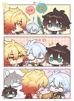 Rule 34 | !, ..., 3boys, antenna hair, armlet, armor, black coat, black hair, black shirt, blonde hair, blue eyes, braid, chibi, chibi only, closed eyes, coat, commentary request, dan heng (honkai: star rail), frown, gauntlets, gradient hair, green eyes, holding, holding polearm, holding weapon, honkai: star rail, honkai (series), jaku 711, jewelry, male focus, medium hair, multicolored hair, multiple boys, mydei (honkai: star rail), open clothes, open coat, outline, parted bangs, pauldrons, phainon (honkai: star rail), polearm, red hair, shirt, short hair, shoulder armor, side braid, single pauldron, smile, spoken ellipsis, sweatdrop, weapon, white coat, white hair, white outline, yellow eyes