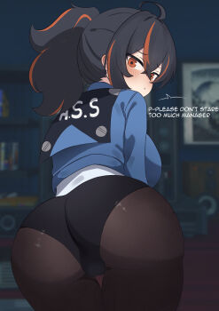 Rule 34 | 1girl, absurdres, ahoge, arutemisu180, ass, black panties, black pantyhose, blue jacket, blurry, blurry background, blush, commentary, crossed bangs, english commentary, english text, from behind, hair between eyes, highres, indoors, jacket, looking at viewer, multicolored hair, panties, panties under pantyhose, pantyhose, police, police uniform, policewoman, ponytail, red eyes, red hair, short hair, solo, streaked hair, two-tone hair, underwear, zenless zone zero, zhu yuan