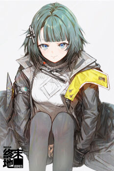 Rule 34 | 1girl, absurdres, arknights, arknights: endfield, black jacket, black pantyhose, blue eyes, closed mouth, commentary, endministrator (arknights), english commentary, female endministrator (arknights), green hair, highres, hugging own legs, jacket, looking at viewer, open clothes, open jacket, pantyhose, pppmepl, short hair, smile, solo, sweater, white sweater