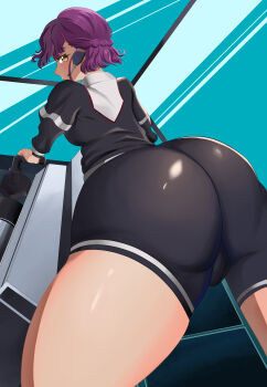 1girl absurdres ass ass_focus black_shirt black_shorts braid brown_eyes cockpit code_geass code_geass:_dakkan_no_roze commentary_request earpiece highres huge_ass looking_at_viewer lying on_back purple_hair rutaka_haruka shirt shorts solo thighs zaurusu_dan