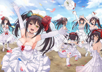 6+girls :d absurdres arms_up azur_lane beach black_hair blue_sky blush boots bouquet bouquet_toss breasts bridal_veil cleavage clock_eyes clone cloud date_a_live dress elbow_gloves flower gloves hair_flower hair_ornament hairband highres jewelry large_breasts lolita_hairband long_hair looking_at_viewer multiple_girls necklace ocean open_mouth outdoors red_eyes red_flower sand sky sleeveless sleeveless_dress smile symbol-shaped_pupils tokisaki_kurumi tokisaki_kurumi_(spirit) twintails veil water wedding_dress white_boots white_dress white_gloves white_hairband yellow_eyes zetsuki_(theendoftheworid)