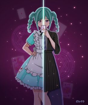 Rule 34 | 1girl, aqua hair, black jacket, black skirt, blue dress, braid, card, collared shirt, commentary request, covering own mouth, diagonal-striped clothes, diagonal-striped necktie, donguri chitta, dress, frilled dress, frills, grey shirt, hand on own hip, highres, holding, holding card, jacket, liella! solo outfit design vote, looking at viewer, love live!, love live! superstar!!, magic circle background, medium dress, medium hair, medium skirt, necktie, onitsuka tomari, open clothes, open jacket, pink eyes, pinstripe jacket, pinstripe pattern, playing card, pleated skirt, purple background, purple necktie, shirt, short sleeves, sidelocks, skirt, solo, split theme, striped clothes, three-quarter sleeves, twin braids, wild card (love live!)