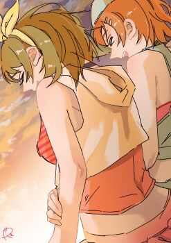 Rule 34 | 2girls, bare arms, blush, brown hair, closed eyes, commentary request, highres, hood, hoodie, hoshizora rin, koizumi hanayo, love live!, love live! school idol project, multiple girls, open mouth, orange hair, orange shirt, outdoors, shirt, short hair, sleeveless, sleeveless hoodie, smile, sunset, surfacedxxc, white hoodie