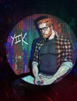 1boy absurdres alex_egglestone arm_hair bara beard belly black-framed_eyewear black_shirt copyright_name facial_hair fat fat_man furrowed_brow glasses highres large_pectorals layered_shirt looking_at_viewer male_focus mature_male mustache nervous open_clothes open_shirt own_hands_together pants pectorals philipposole shirt short_hair sitting sleeves_rolled_up solo spotlight spread_legs t-shirt thick_eyebrows thick_mustache tight_clothes tight_shirt yiik:_a_postmodern_rpg