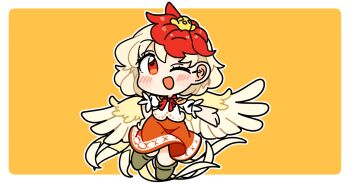 1girl ;d animal animal_on_head baby_animal bird bird_girl bird_on_head bird_tail bird_wings blonde_hair blush boots border bow bowtie brown_boots chibi chibi_only chick commentary full_body ini_(inunabe00) looking_at_viewer multicolored_hair niwatari_kutaka on_head one_eye_closed open_mouth orange_skirt outline outside_border outstretched_arm red_bow red_bowtie red_eyes red_hair shirt short_hair simple_background skirt smile solo standing standing_on_one_leg tail touhou two-tone_hair white_border white_outline white_shirt wings yellow_background