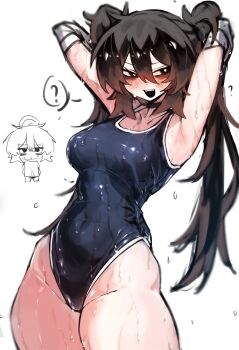 1girl ? absurdres armpits arms_up black_eyes black_hair blush breasts chibi covered_navel hair_between_eyes highres large_breasts long_hair looking_at_viewer multiple_girls one-piece_swimsuit open_mouth original school_swimsuit shig_(shigezie) shigezie simple_background smile solo_focus spoken_question_mark swimsuit thighs twintails wet white_background