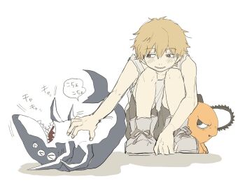 >_< 1boy beam_(chainsaw_man) blonde_hair chainsaw_man child commentary creature denji_(chainsaw_man) extra_ears hair_between_eyes jealous looking_at_creature looking_to_the_side mn_mnx0 pochita_(chainsaw_man) rubbing_stomach shark sharp_teeth shirt shoes short_hair shorts sketch speech_bubble squatting teeth translation_request