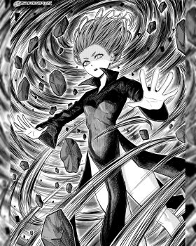 1girl breasts commentary covered_navel dress greyscale hatching_(texture) highres instagram_username monochrome one-punch_man open_mouth petite pillarboxed seveninks small_breasts solo tatsumaki telekinesis tornado v-shaped_eyebrows