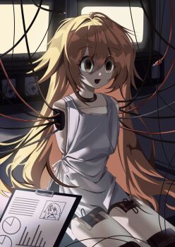 1girl adachi_rei alternate_costume alternate_hairstyle amputee android armless_amputee cable clipboard dark hair_between_eyes hashtag-only_commentary highres indoors kaka_ka_k long_hair open_mouth orange_eyes screen shirt sitting sleeveless sleeveless_shirt unkempt utau white_shirt