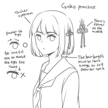 1girl arrow_(symbol) blunt_bangs bob_cut closed_mouth commentary_request english_text flower greyscale hair_flower hair_ornament hasu_no_sora_school_uniform link!_like!_love_live! long_sleeves looking_at_viewer love_live! momose_ginko monochrome neckerchief potatopenggu sailor_collar school_uniform short_hair simple_background solo tareme upper_body virtual_youtuber white_background winter_uniform