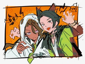 2boys :d absurdres animal_ears claw_pose dark-skinned_male dark_skin dreadlocks fangs gen_5_pokemon gen_6_pokemon green_jacket green_necktie grey_eyes hair_between_eyes hair_pulled_back halloween_costume highres hood hood_up hoodie jacket liangyii2 litwick looking_at_viewer low_ponytail male_focus multiple_boys naveen_(pokemon) necktie nintendo open_mouth paxton_(pokemon) phantump pokemon pokemon_(creature) pokemon_legends:_z-a ponytail purple_eyes smile upper_body wavy_hair white_hoodie