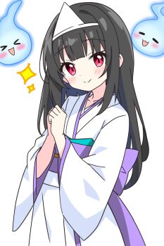 >_< 1girl :d black_hair blunt_bangs blush closed_mouth commentary_request dot_nose hands_up highres hitodama kotatsu-mazoku long_hair looking_at_viewer obi open_mouth original purple_sash red_eyes sash sidelocks simple_background smile solo sparkle triangular_headpiece upper_body white_background xd